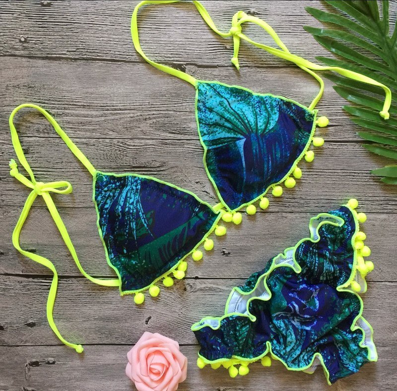Green Print Sexy Bikini Set