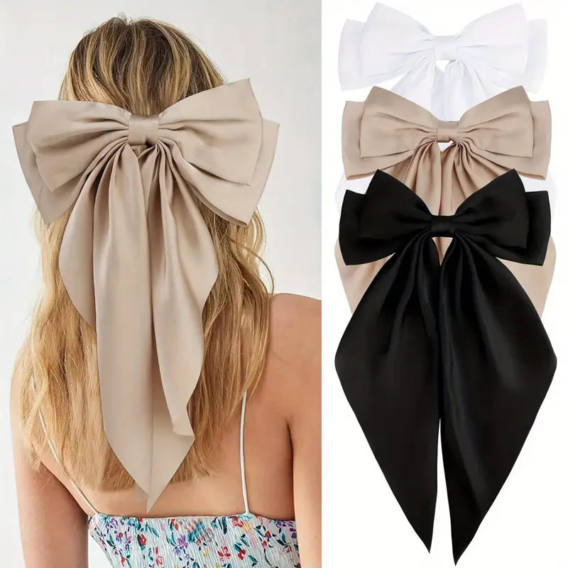 3 pcs Elegant Red Ribbon Bow Hair Clip - Boho Chic Spring Barrette for Women and Girls, Solid Color Fabric
