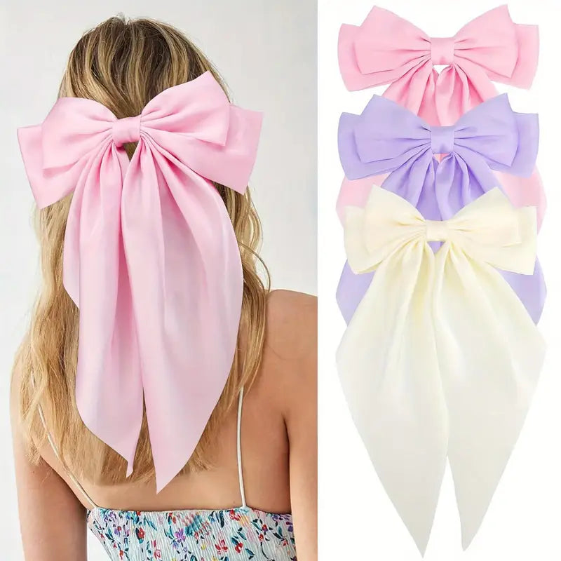 3 pcs Elegant Red Ribbon Bow Hair Clip - Boho Chic Spring Barrette for Women and Girls, Solid Color Fabric