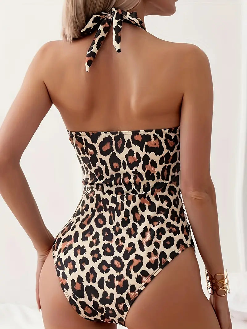 Stunning Leopard Print Halter Neck Backless One-Piece Swimsuit - Chic Tie Neck Design, Ruffled Trim, High-Waisted, Push-Up Cups, Quick-Drying, Comfortable Women's Swimwear & Beachwear for Summer Vacation