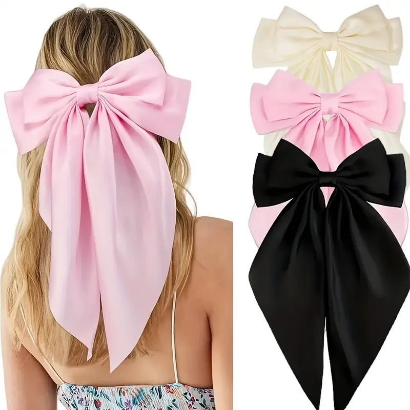 3 pcs Elegant Red Ribbon Bow Hair Clip - Boho Chic Spring Barrette for Women and Girls, Solid Color Fabric