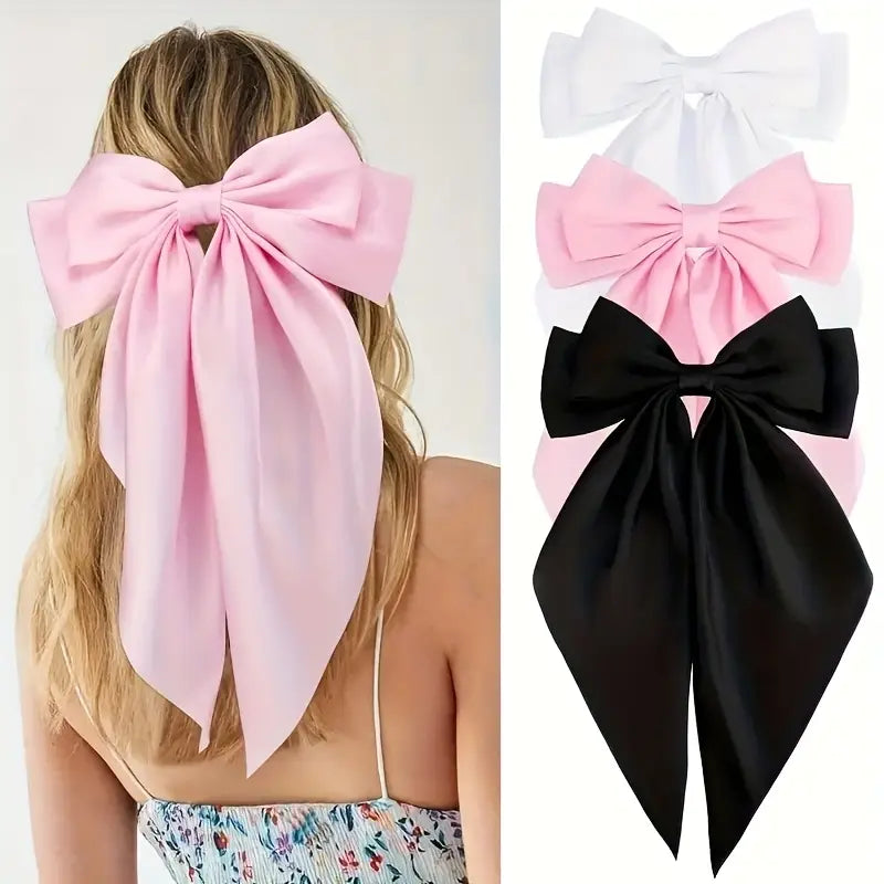 3 pcs Elegant Red Ribbon Bow Hair Clip - Boho Chic Spring Barrette for Women and Girls, Solid Color Fabric