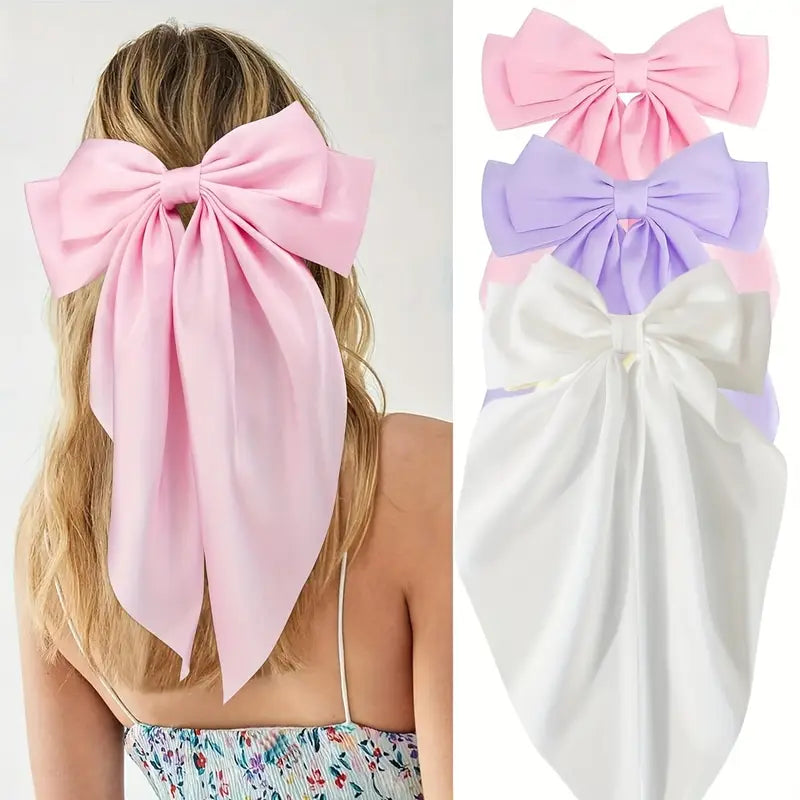 3 pcs Elegant Red Ribbon Bow Hair Clip - Boho Chic Spring Barrette for Women and Girls, Solid Color Fabric