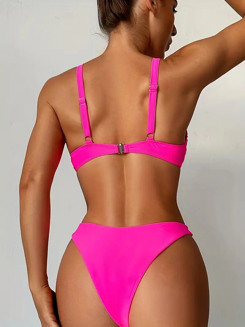 Solid Color 2 Piece Set Bikini, V Neck Back Buckle High Cut Swimsuits, Women's Swimwear & Clothing
