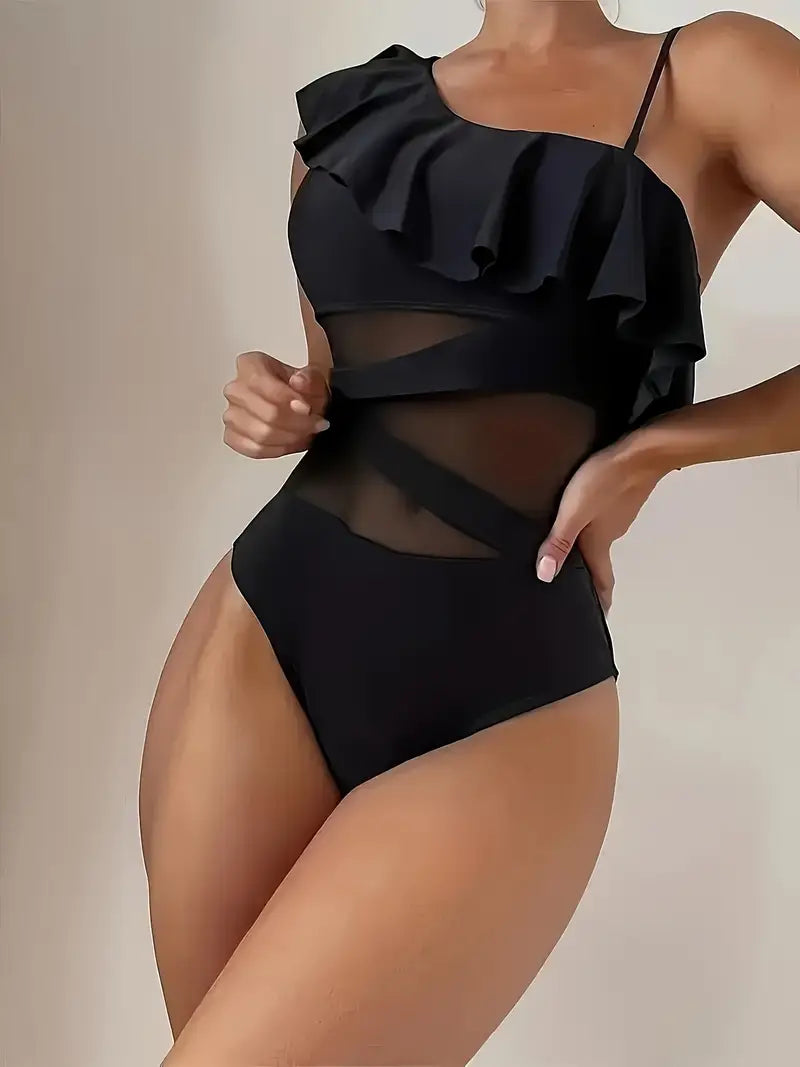 Plain Black Color Mesh Contrast Asymmetric Ruffled One-piece Swimsuit, Bathing Suits, Women's