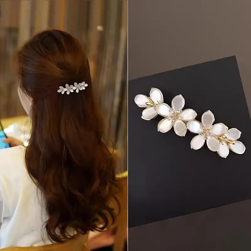 Elegant Floral Hair Barrette, French Clip Spring Hair Claw, Rhinestone Accents