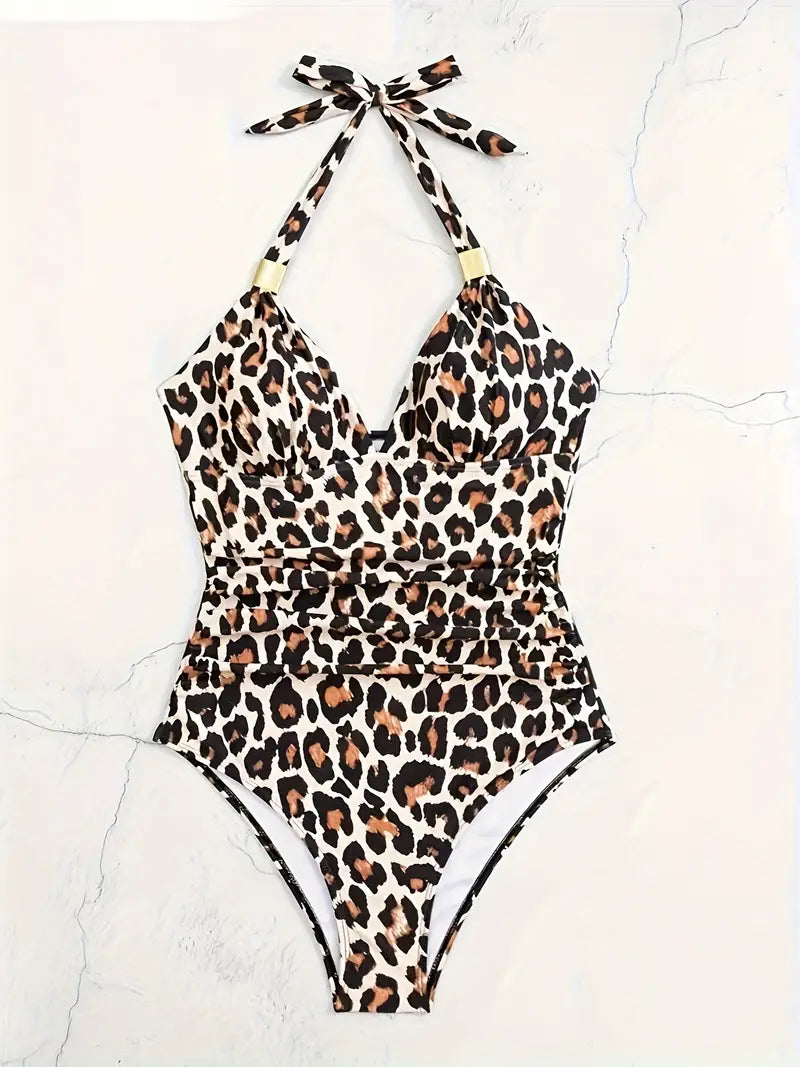 Stunning Leopard Print Halter Neck Backless One-Piece Swimsuit - Chic Tie Neck Design, Ruffled Trim, High-Waisted, Push-Up Cups, Quick-Drying, Comfortable Women's Swimwear & Beachwear for Summer Vacation