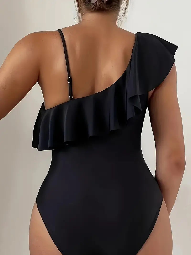 Plain Black Color Mesh Contrast Asymmetric Ruffled One-piece Swimsuit, Bathing Suits, Women's