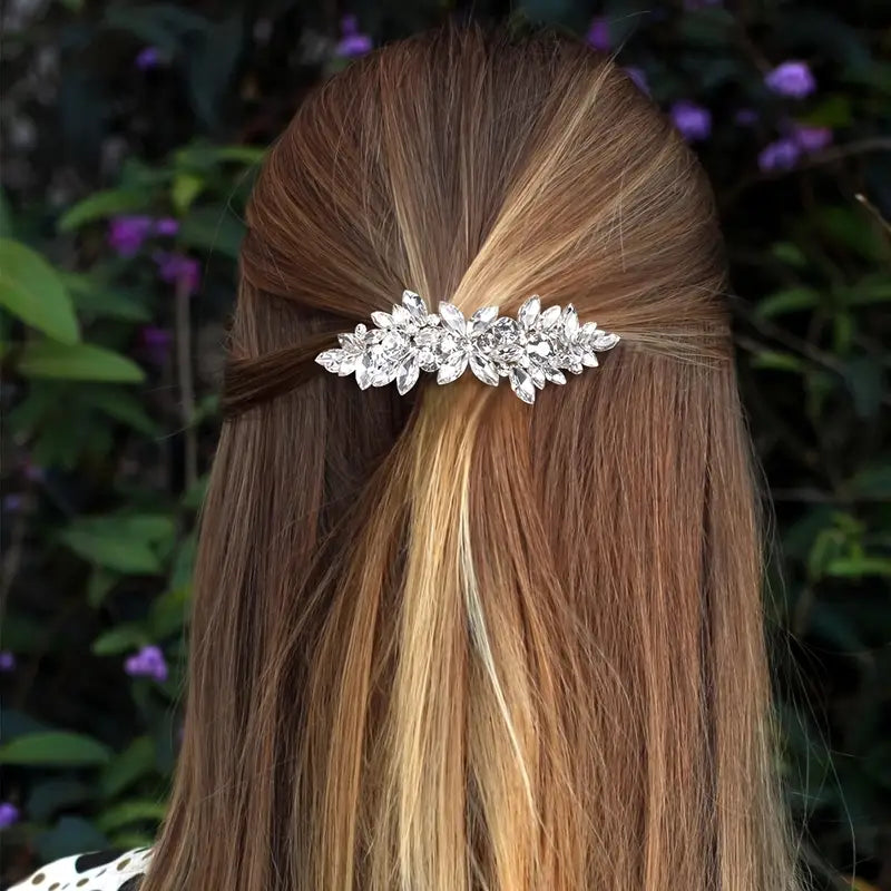 Elegant Floral Hair Barrette, French Clip Spring Hair Claw, Rhinestone Accents