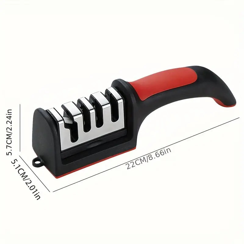 4-Stage Professional Knife Sharpener with Tungsten Steel, Diamond, and Ceramic Sharpening Stones - Ideal for Kitchen Knives, Red & Black Base, Efficient Blade Restoration