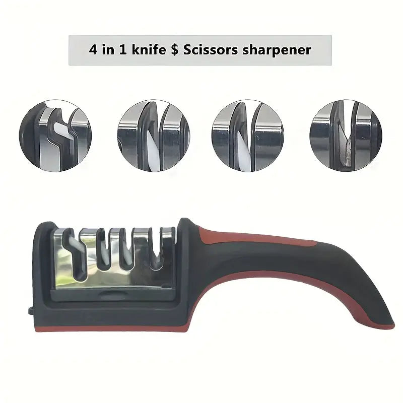 4-Stage Professional Knife Sharpener with Tungsten Steel, Diamond, and Ceramic Sharpening Stones - Ideal for Kitchen Knives, Red & Black Base, Efficient Blade Restoration