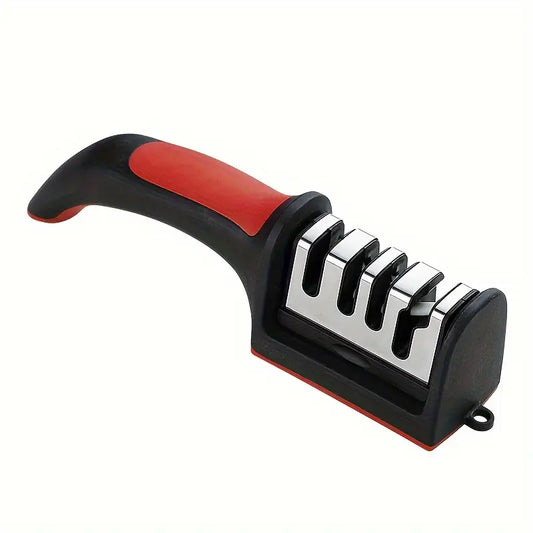4-Stage Professional Knife Sharpener with Tungsten Steel, Diamond, and Ceramic Sharpening Stones - Ideal for Kitchen Knives, Red & Black Base, Efficient Blade Restoration