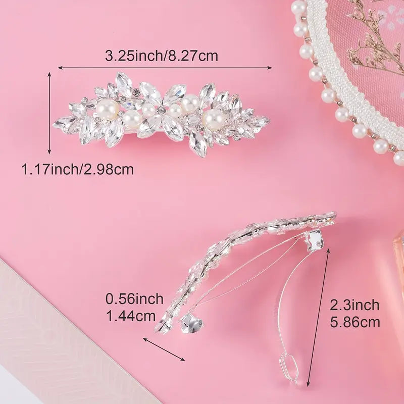 Elegant Floral Hair Barrette, French Clip Spring Hair Claw, Rhinestone Accents
