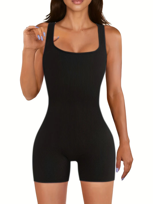 XS Sporty Solid Ribbed Lounge Romper, Square Neck Slim Fit Tank Romper, Women's Loungewear
