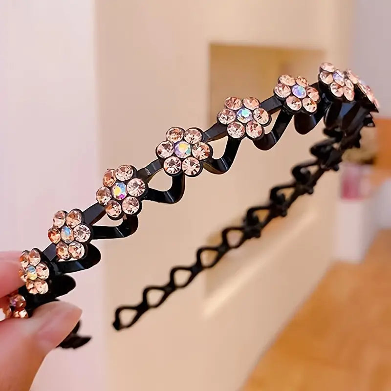 1pc, Elegant Rhinestone Floral Hair Hoop, Plastic Non-Slip Grip Toothed Headband, Gentle On Hair, Suitable For Women, Daily Use, Face Wash, And Skincare Accessory
