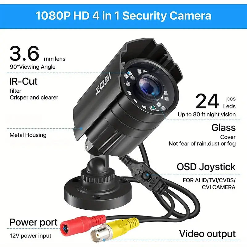 ZOSI HD 1080P Outdoor Security Camera with IR Night Vision, 3000TVL, Metal Hybrid Design, Wide-Angle 90°-105° View, Compatible with ZOSI DVRs for Enhanced Home Safety Brand: ZOSI