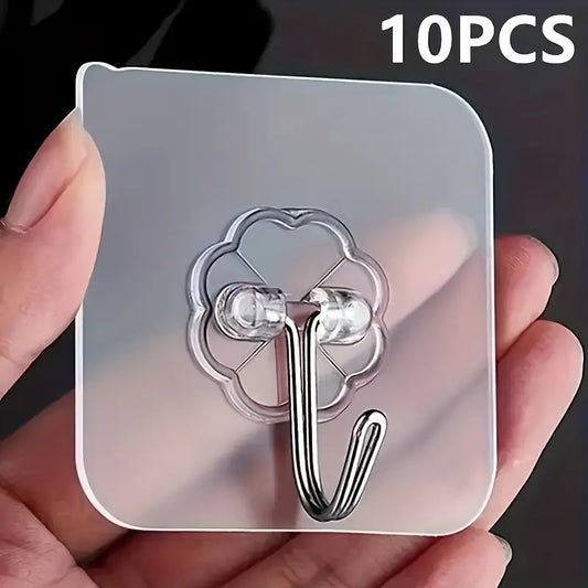 10pcs Traceless Punch-free Wall Hook, Mounted Plastic Hook Rack for Keys, Hats, Towels, Self-Adhesive Household Hook for Sundries, Essential Storage Organization for Bathroom, Bedroom, Office, Kitchen
