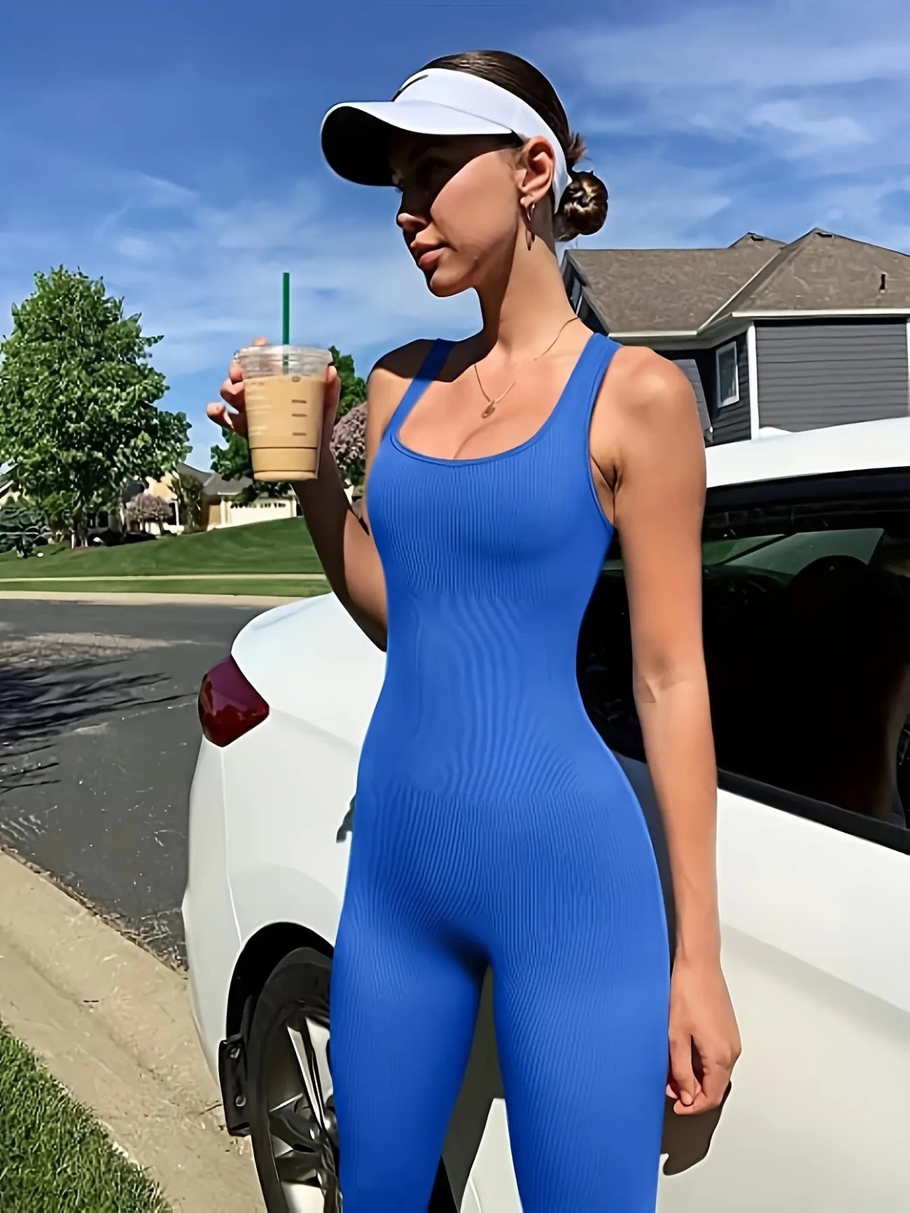 1pc Small Women'S Rib-Knit Sports Bodysuit - High Stretch Polyamide & Elastane Blend, Sleeveless, Solid Color, All-Season, Knit Fabric, Strapless Round Neck, Long-Length, No Padding, Conventional Fit
