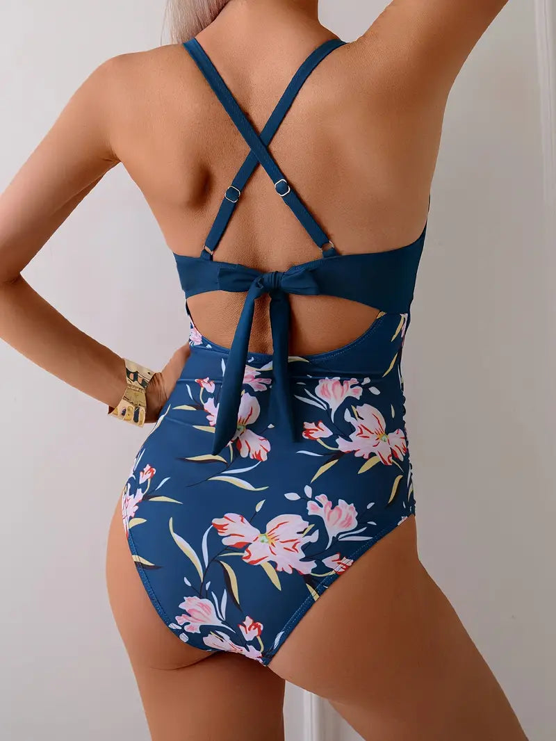 Elegant High Stretch Removable Pads One-Piece Swimsuit for Women - Tie Detail, Machine Washable, Comfortable