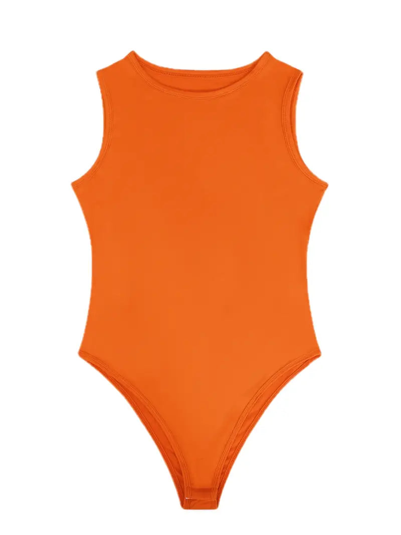 Elegant Orange Sleeveless Bodysuit - Chic Crew Neck, 100% Polyester, Machine Washable & Dry Cleanable, Perfect for Summer with Casual Denim & Sneaker Accents