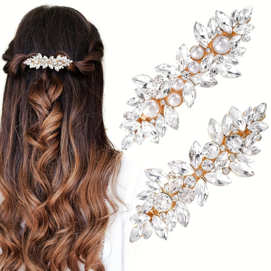 Elegant Floral Hair Barrette, French Clip Spring Hair Claw, Rhinestone Accents