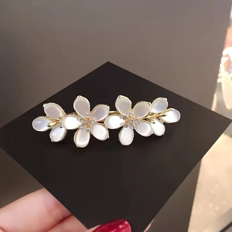 Elegant Floral Hair Barrette, French Clip Spring Hair Claw, Rhinestone Accents