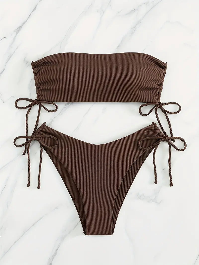 [Ribbed Bikini] Swimming Basic Model Ribbed Bikini Set | 2pcs | Drawstring Side Tie Top and Side Tie Bottom Swimsuit