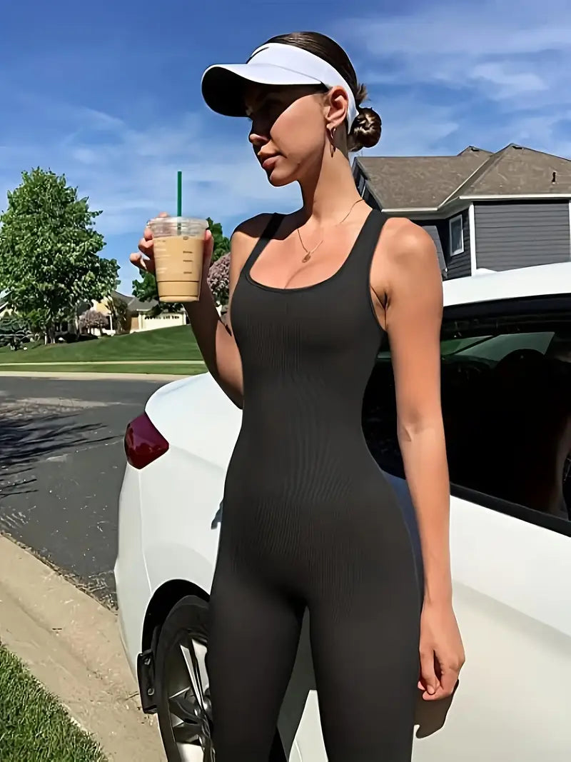 1pc Small Women'S Rib-Knit Sports Bodysuit - High Stretch Polyamide & Elastane Blend, Sleeveless, Solid Color, All-Season, Knit Fabric, Strapless Round Neck, Long-Length, No Padding, Conventional Fit
