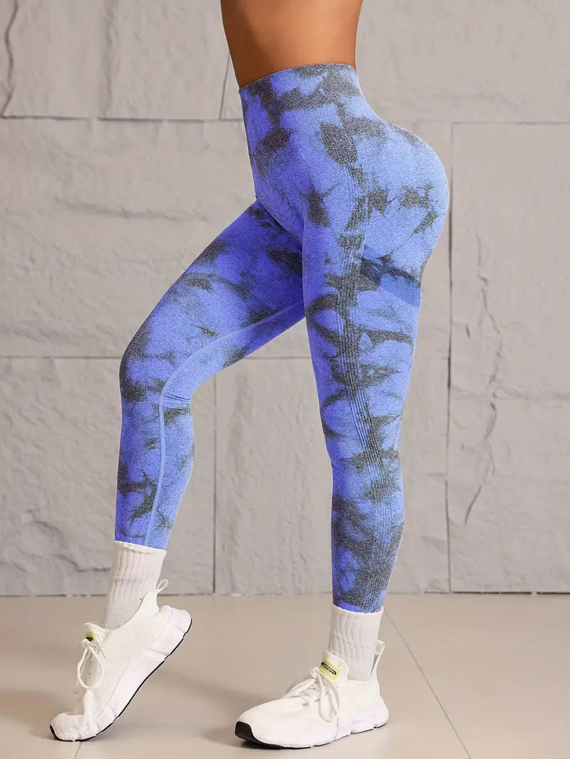 Durable| High-Waist Seamless Yoga Leggings for Women - Stretchy, Tie-Dye, Hip-Lifting Workout Pants, Machine Washable, Sporty Style