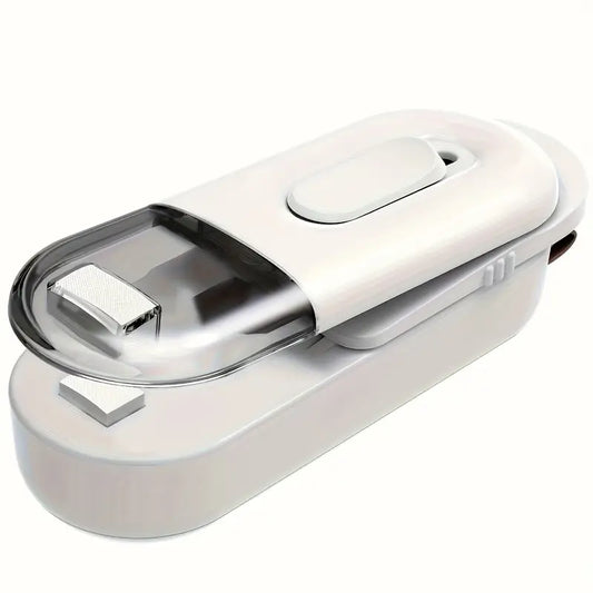 Portable 2-in-1 Heat Vacuum Sealer & Cutter Machine - Semi-Automatic Food Saver for Snacks, Cookies, Chips | Battery-Powered (2 AA Not Included) White