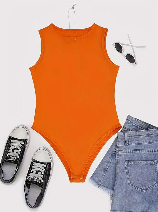 Elegant Orange Sleeveless Bodysuit - Chic Crew Neck, 100% Polyester, Machine Washable & Dry Cleanable, Perfect for Summer with Casual Denim & Sneaker Accents