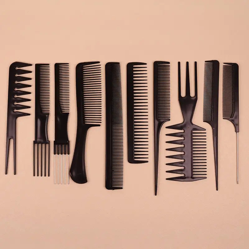 10pcs Professional Hair Styling Comb Set - Durable ABS Plastic, Versatile for All Hair Types, Includes Detangling, Teasing & Edge Control Combs