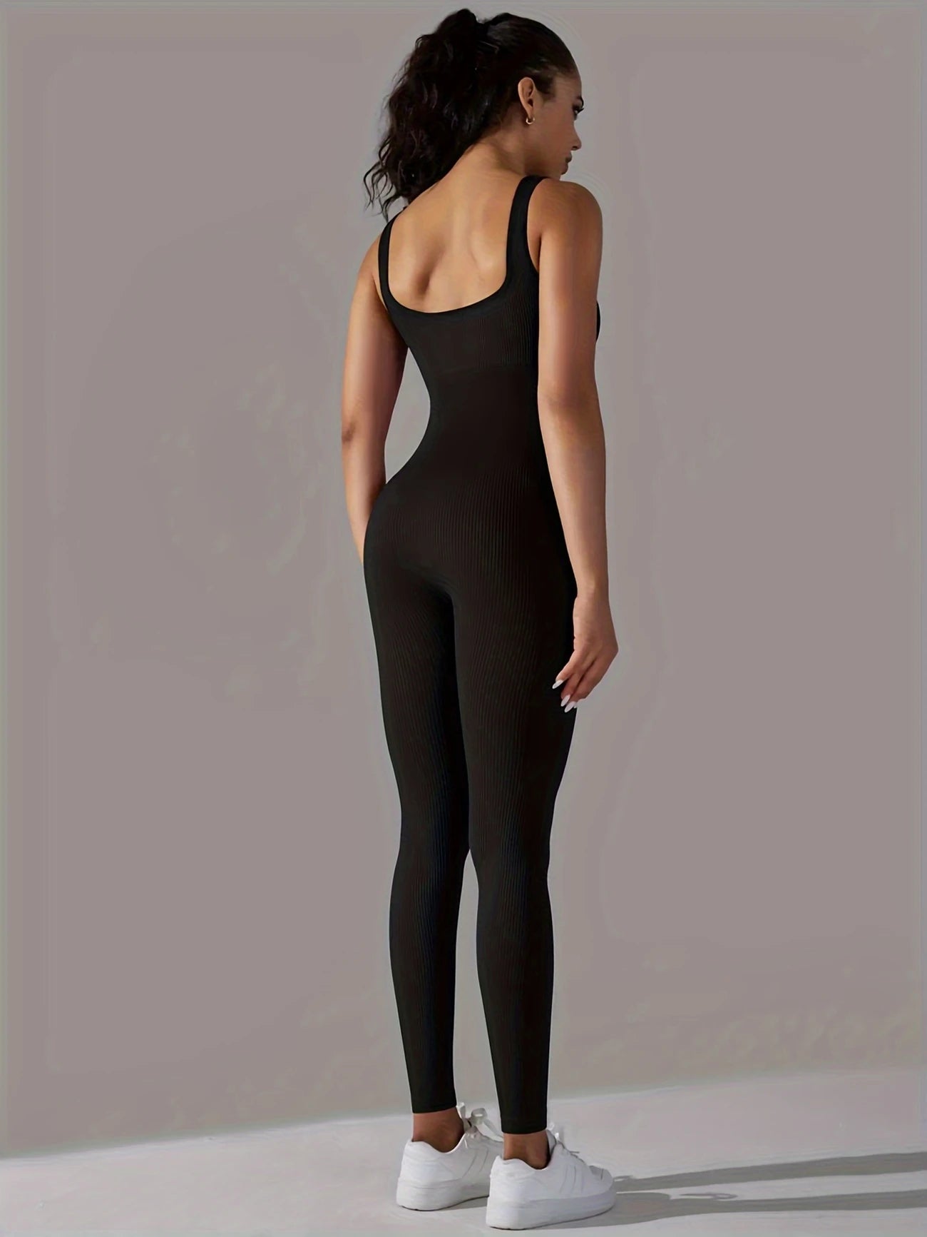 1pc Small Women'S Rib-Knit Sports Bodysuit - High Stretch Polyamide & Elastane Blend, Sleeveless, Solid Color, All-Season, Knit Fabric, Strapless Round Neck, Long-Length, No Padding, Conventional Fit