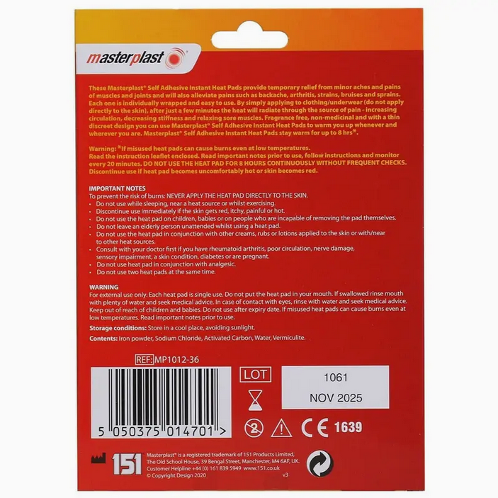 12 x Masterplast Self Adhesive Heat Pads Relieves Aches & Pains Muscle Joints